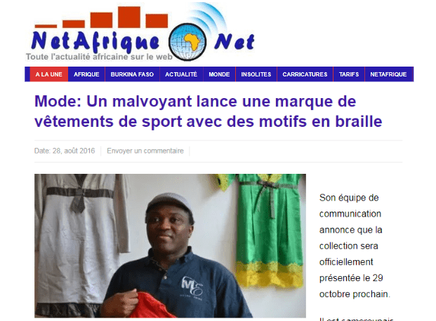 NetAfrique.net - Mode: Un malvoyant lance une marque de vêtements de sport avec des motifs en braille - August 28, 2016